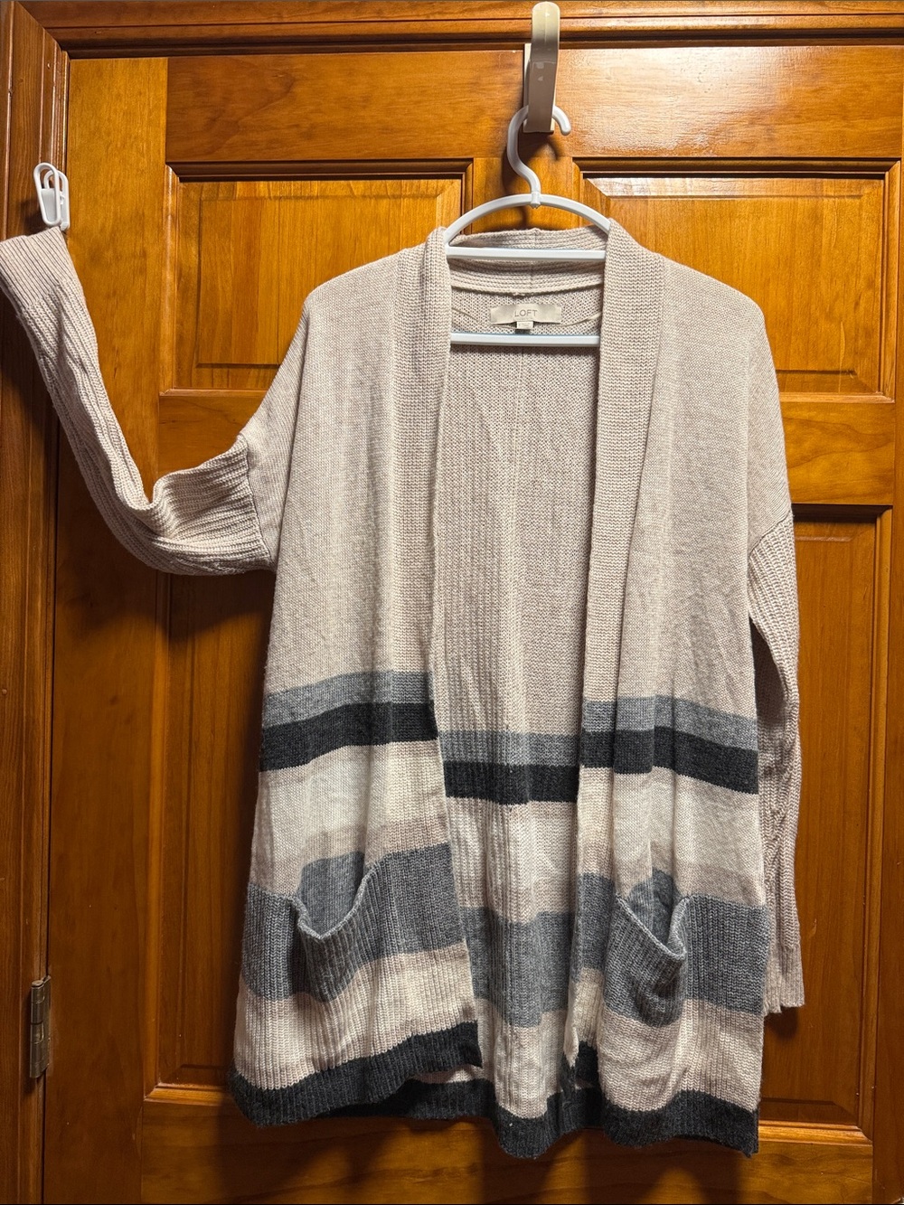 LOFT Open-Front Striped Cardigan in Beige and Gray